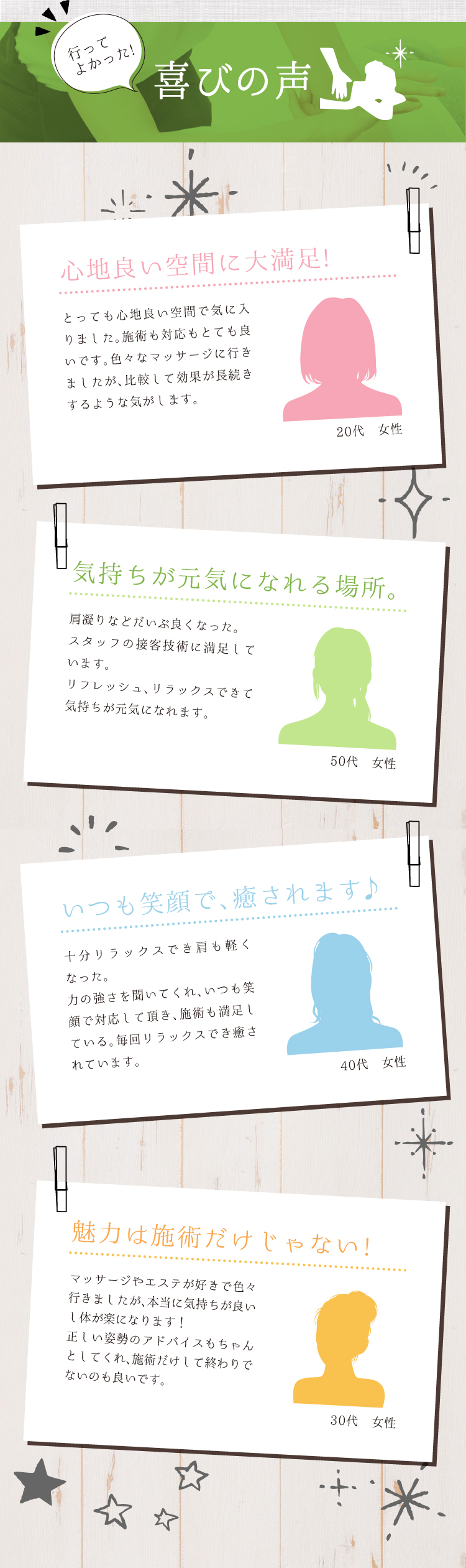 喜びの声　お客様の声　・とっても心地よい空間で気に入りました。施術も対応もとても良いです。色々なマッサージに行きましたが、比較して効果が長続きするような気がします。 ・肩凝りなどだいぶ良くなった。スタッフの接客技術に満足しています。リフレッシュ、リラックスできて気持ちが元気になれます。 ・充分リラックスでき肩も軽くなった。毎回リラックスでき癒されています。 ・マッサージやエステが好きで色々行きましたが、本当に気持ちが良いし体が楽になります！正しい姿勢のアドバイスもちゃんとしてくれ、施術だけして終わりでないのも良いです。